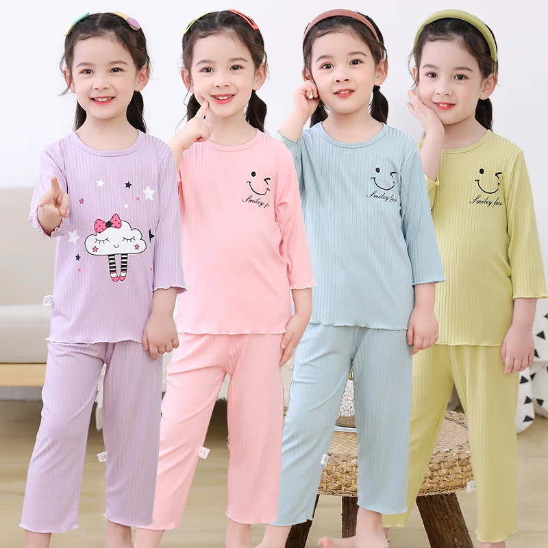 

Girls' Pajamas Summer Children's Cotton Air Conditioning Clothing Boys' Girls' Baby Cotton 7-point Sleeve Home Service Suit Thin