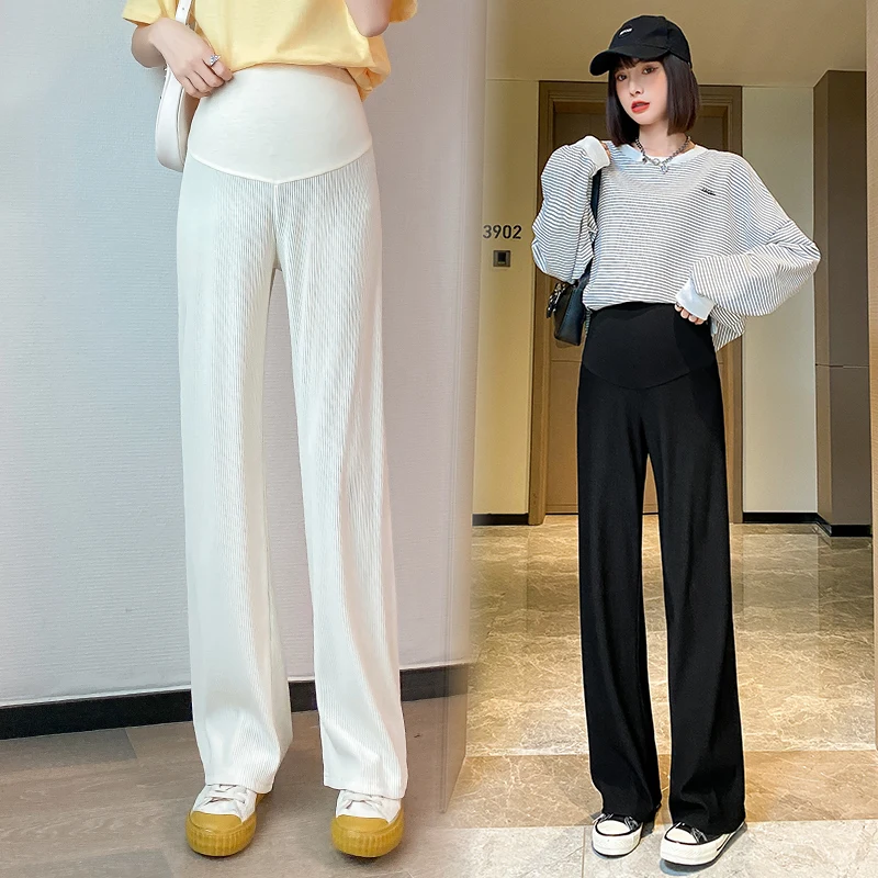 

3392# Spring Summer Thin Wide Leg Loose Straight Maternity Pants Casual Belly Clothes for Pregnant Women Elastic Waist Pregnancy