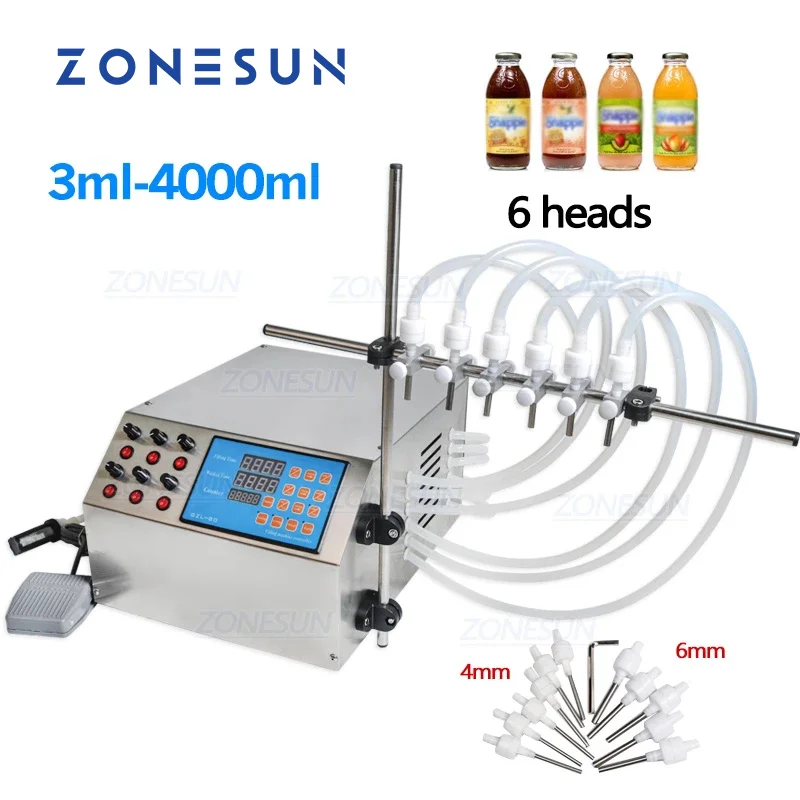 ZONESUN 6 teste elettrico Semi automatico succo di latte caffè acqua potabile bottiglia di bevande riempitrice ad alta efficienza