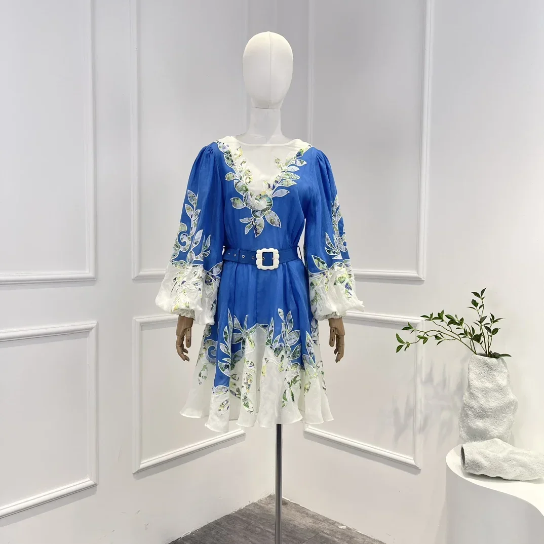 

spring autumn high quality 2023 new style ramie blue leaves printing lantern sleeve loose mini dresses with belt for women