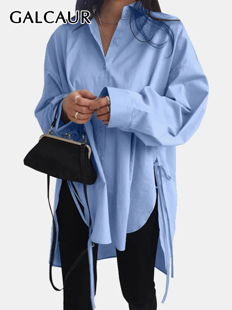 

Повседневная элегантная Свободная рубашка GALCAUR для женщин, однобортная однотонная блузка с отложным воротником и длинным рукавом для женщи...