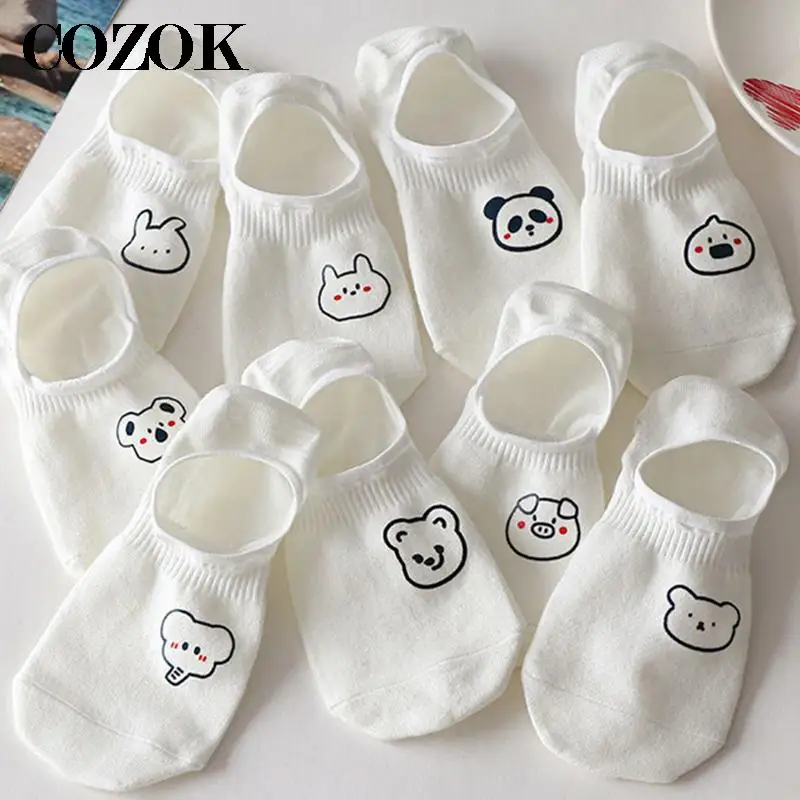 10 pieces = 5 Pairs/lot Rabbit Cow Heart Animal Socks Cotton Casual Women Streetwear Cute Funny Socks Happy Invisible Boat Socks