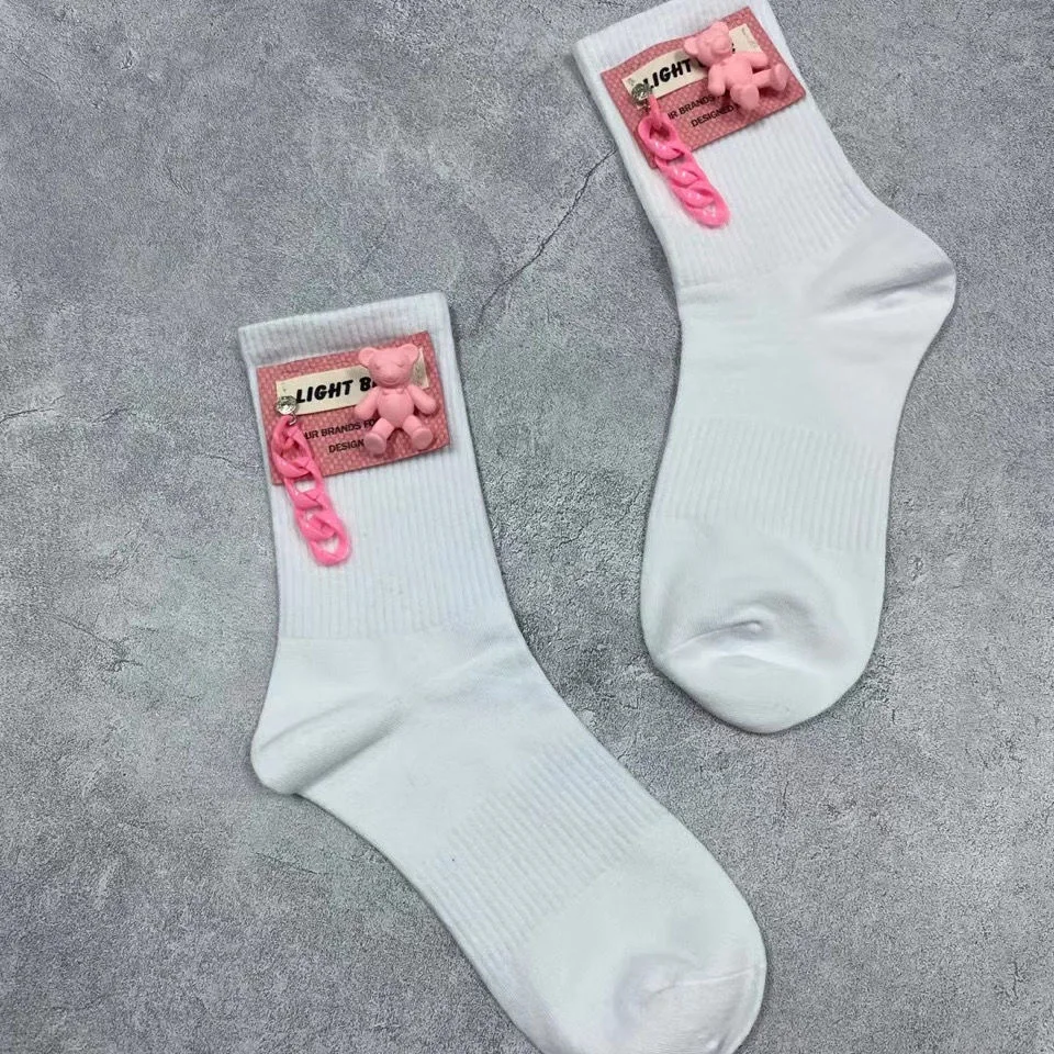 Age Reducing Cute Bear Chain Pink Students Cotton Socks Trendy All-match Net Red All Seasons Wearing Medium Tube Stockings 2023
