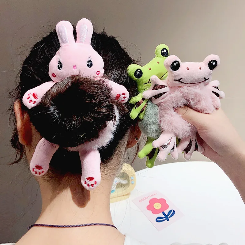 

Cute Woman And Girl Kids Hair Accessories Elastic Rubber Hair Rope Bear Frog Cat Rabbit Ties Animal Scrunchies Plush Hair Band