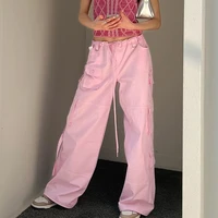 pink cargo oversized pants womens summer high waisted lace up multi pocket solid color harajuku street sports trousers