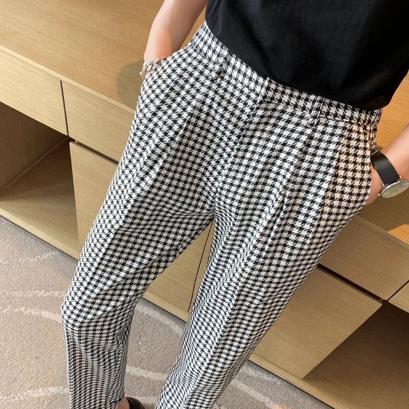 

2023 Men High Waist Business Dress Pants Fashion Houndstooth Office Social Suit Pants Wedding Groom Casual Trousers Men 329-36