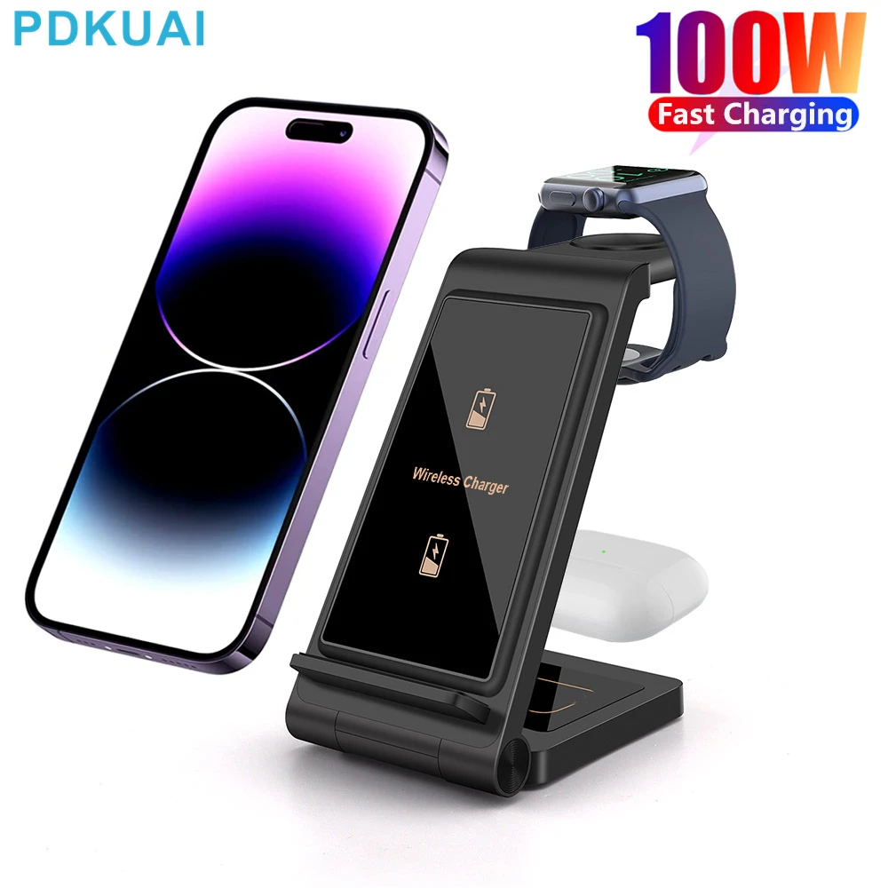 

100W 3 in 1 Wireless Charger Stand Pad for iPhone 14 13 12 Pro Max 11 Apple iWatch 8 Airpods Pro2 Foldable Charging Dock Station