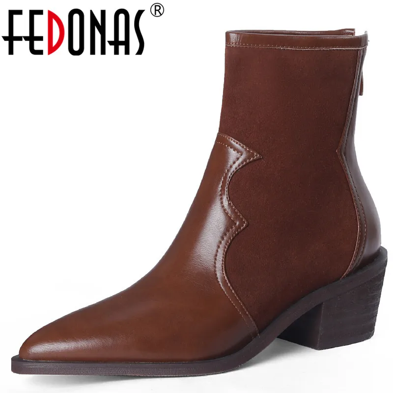 

FEDONAS Autumn Winter Vintage Mature Women Ankle Boots Splicing Genuine Leather Office Lady Thick Heels Pointed Toe Shoes Woman