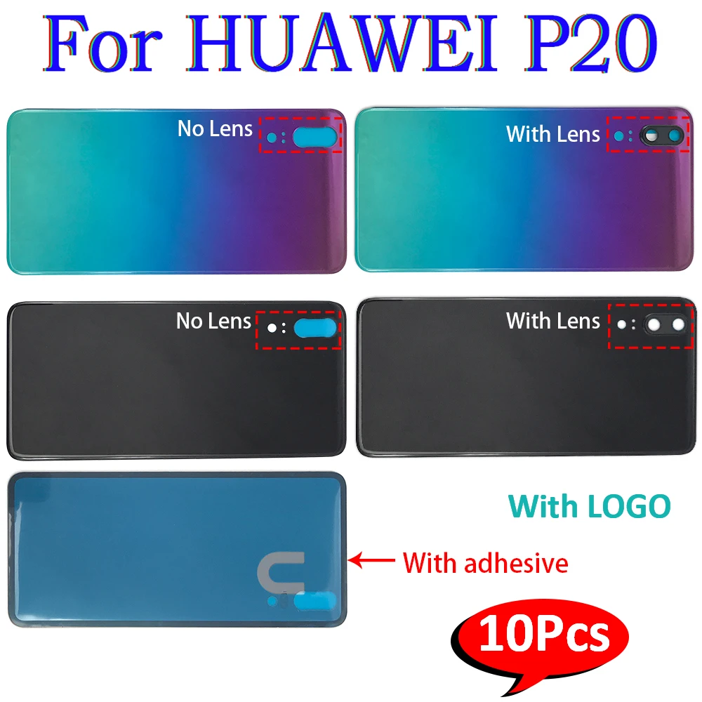 

10 шт., задняя крышка батарейного отсека, стеклянная задняя крышка, сменный корпус с клейким веществом для Huawei P20 с логотипом и объективом кам...