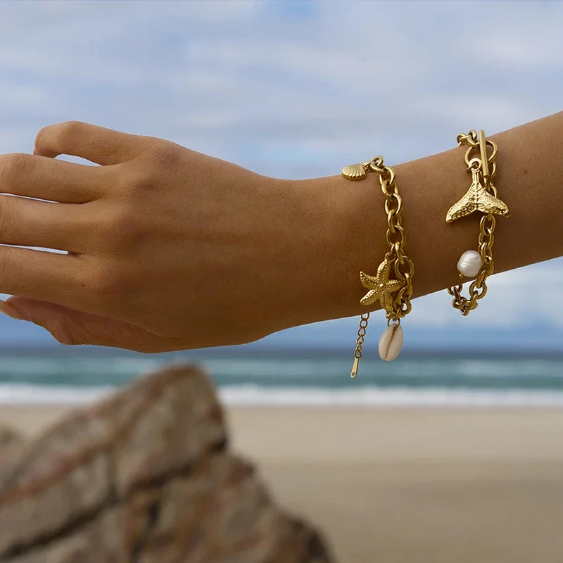 Женский Браслет Из Нержавеющей Стали С Ракушками И Морской Звездой Позолоченный