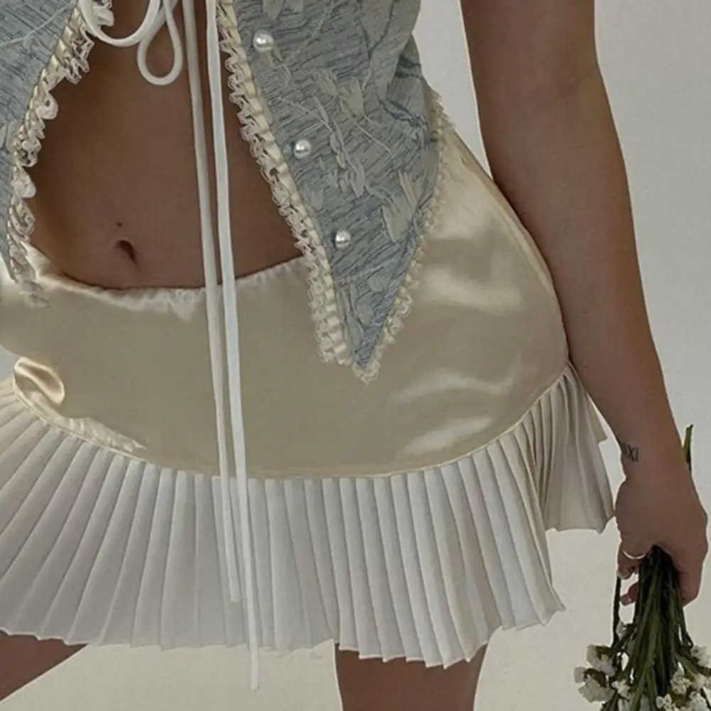 

Tennis Skirts Low Waist Pleated Women Skirts Solid Color A Line Elastic Casual Skirts Above Knee Length Female Mini Skirt