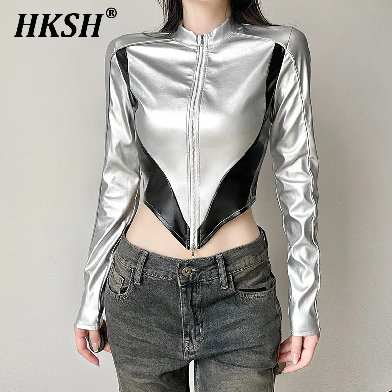 HKSH женские куртки из искусственной кожи в стиле панк контрастного цвета Splici