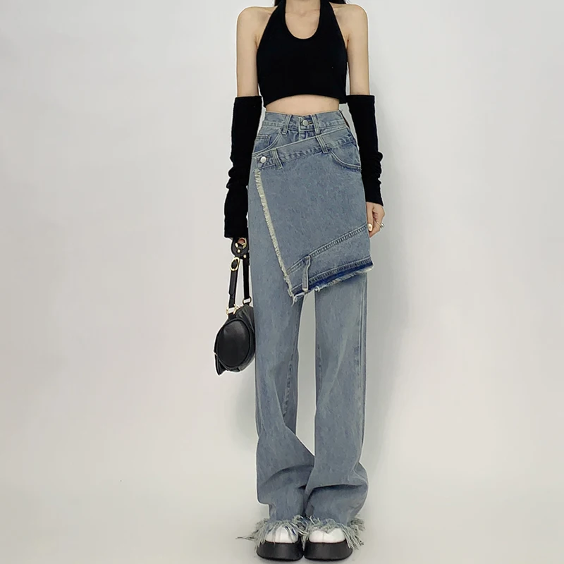 Повседневные свободные джинсы в пол с широкими штанинами имитация 2 шт. брюки для