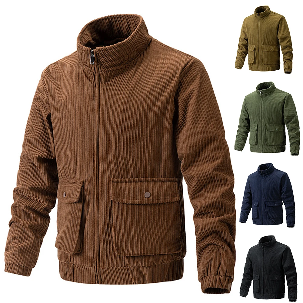

2023 Autumn Winter Tops Korean Fashion Men Corduroy Jacket Fleece Lined Slim Fit Zipper Oversized Thickened Coat Bomber Jacket