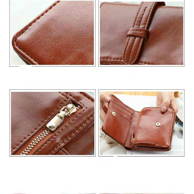 2023 Wallet Women's New Vintage Oil Wax Folding Simple PU Slim Small Money Clip Card Bag