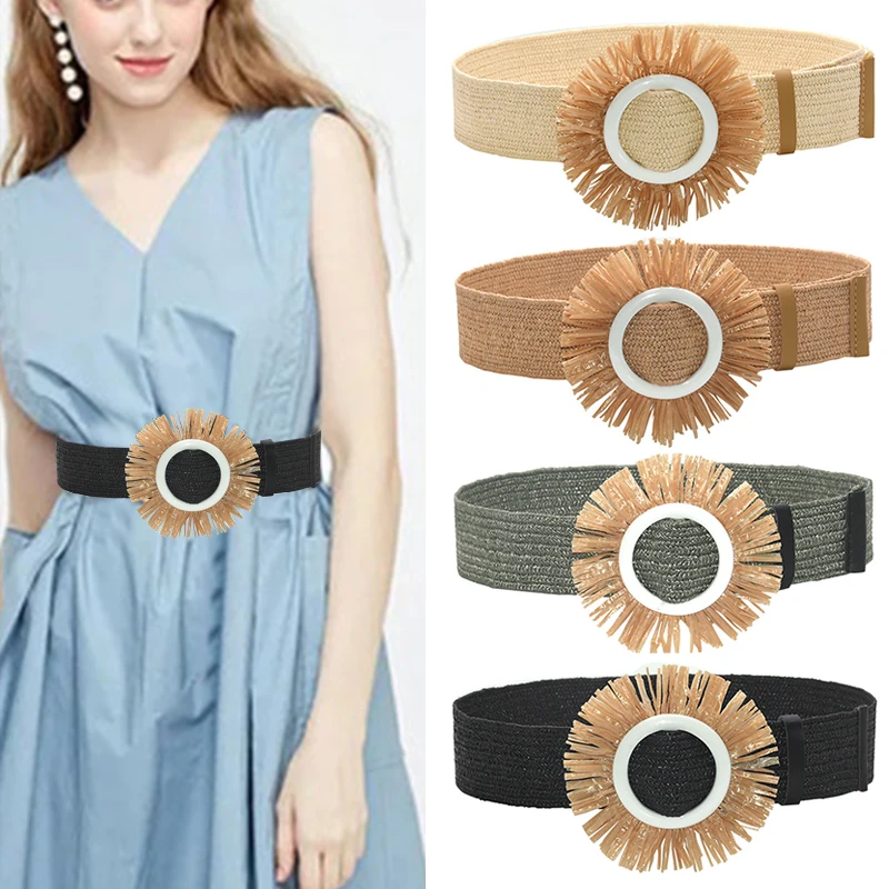 

PP Grass Round Buckle Waist Seal Vintage Bohemian Wide Plastic Belt Woven Decorative Waistbands Casual Weave Fake Straw Belt