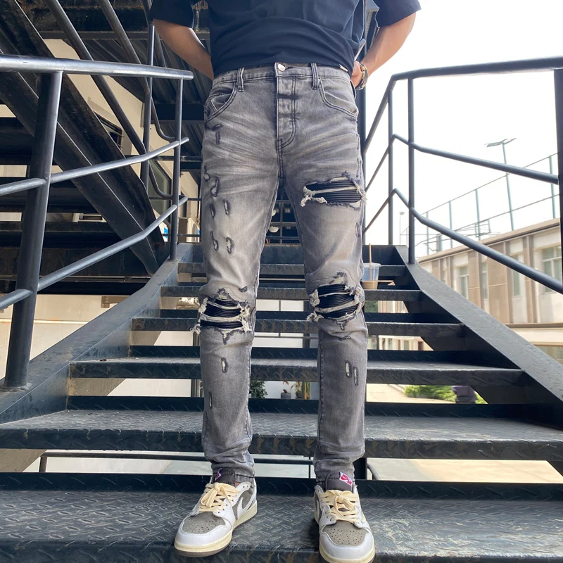High Street Fashion Men Jeans Retro Dark Gray Stretch Skinny Ripped Jeans Men Black Leather Patched Designer Hip Hop Brand Pants