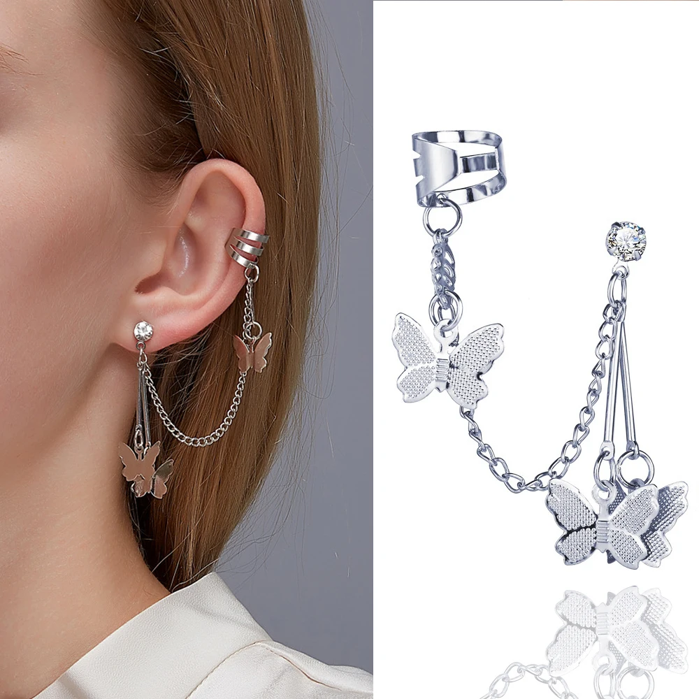 

Fashion Butterfly Earrings For Women Girls Ear Hook Stainless Steel Ear Clips Hip Hop Chained Butterfy Earrings Fashion Jewelry
