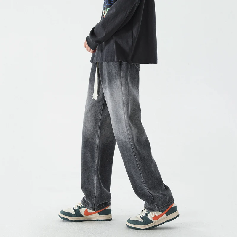 CAAYU Korean Fashion Men's Baggy Jeans Classic Japanese Streetwear Straight-leg Denim Wide-leg Pants Male Light Blue Jeans Mens