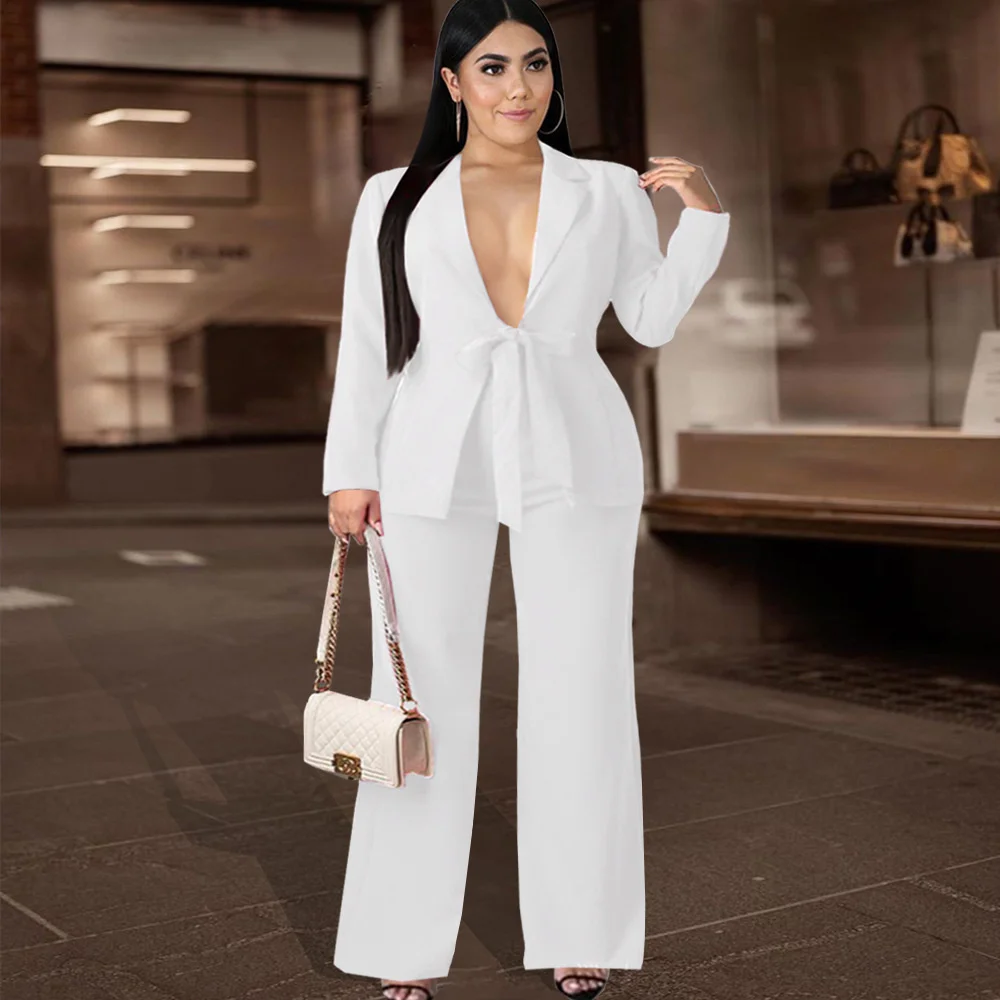

Plus Size Outift Solid White Sexy Deep V-Neck Long Sleeve Jackets Temperament Commuter Trousers Professional Two Piece Sets