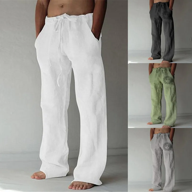 Men Casual Cotton Linen Pants Summer Daily Solid Full Length Soft  Pants Mid Waist Pocket Drawstring Loose Trousers Streetwear