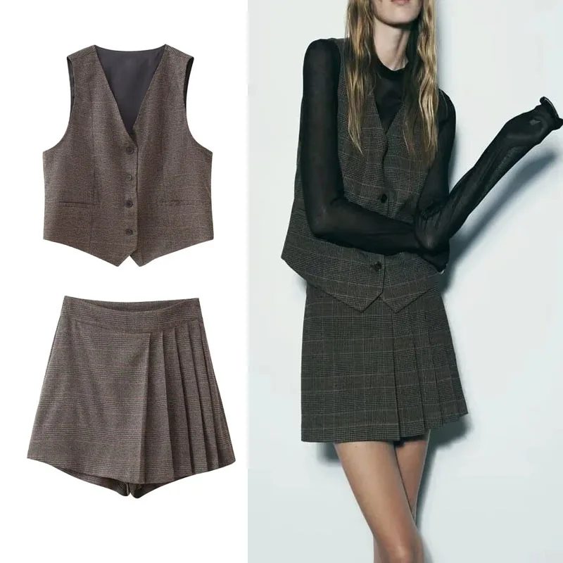 

Женский винтажный клетчатый костюм-мини-юбка с высокой талией и рюшами