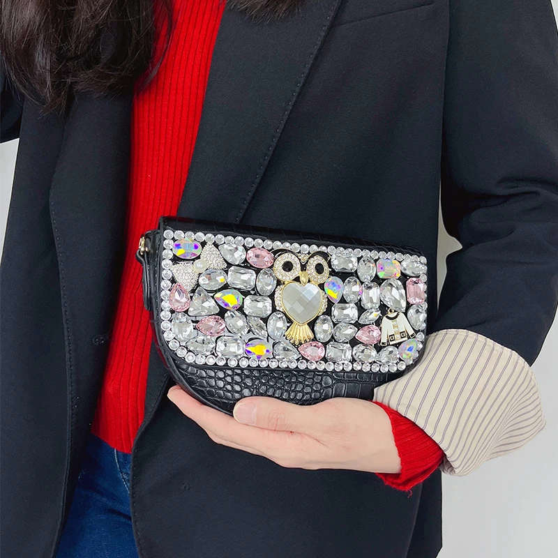 Colorful Rhinestone Purses and Handbags for Women Designer Half Moon Purses Party Clutch Chic Shouder Bag Cross Body Pu Leather