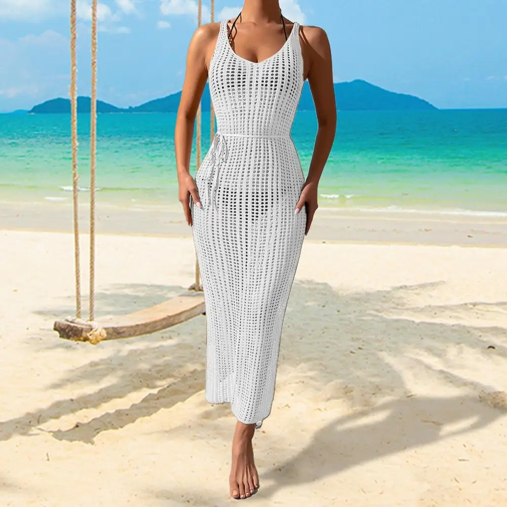 

Beach Cover Up See-through One Size Perspective Mid-calf Length Wear-resistant Sexy Sleeveless Backless Cross Strap 2022