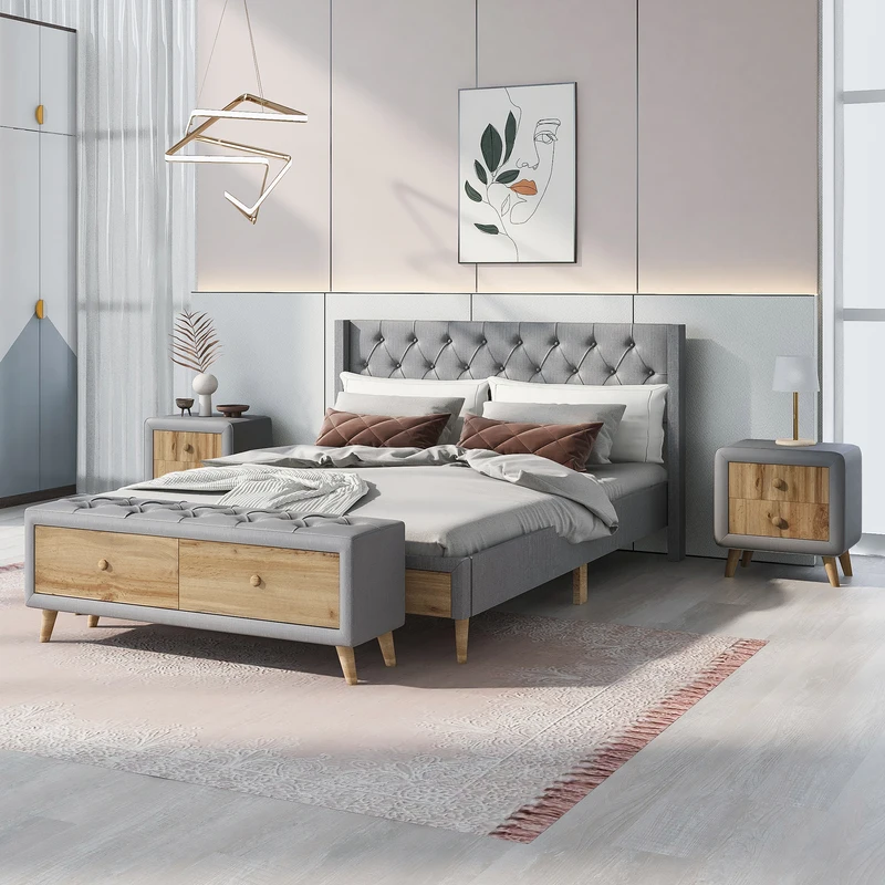 

4-Pieces Bedroom Sets Queen Size Upholstered Platform Bed with Two Nightstands and Storage Bench-Gray