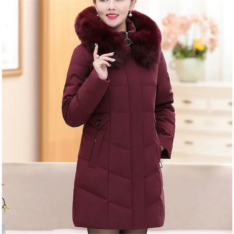 

Winter down Jacket Middle-aged Mother Thick Hooded White duck down Coat Plus size 7XL 8XL Womens Windproof Long Parkas Outwear