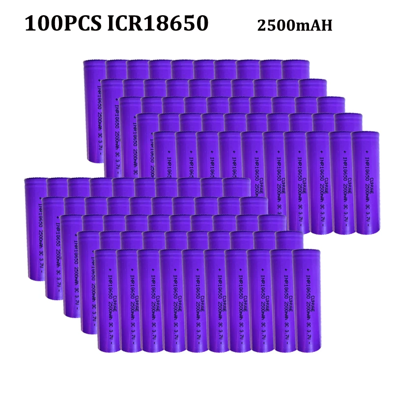 100pcs 3.7V 18650 ICR8650 2500mAh Rechargeable Battery 3C Discharge Rate Li-ion For Power Scooter battery on. 100 штук 3.7В 18650 ICR8650 2500мАч аккумулятор с возможностью перезарядки 3С скорость разряда литий-ионный для электроскутера.