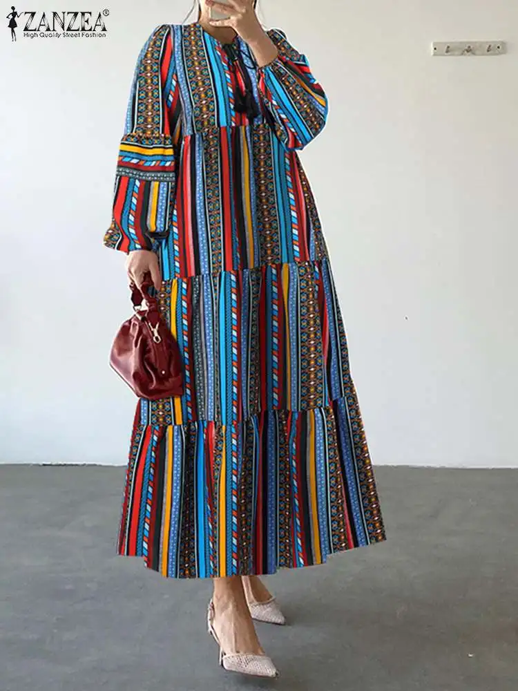 

Праздничное платье ZANZEA 2023 с пышными рукавами, Многоярусное платье, богемное платье-макси с геометрическим принтом, женское повседневное Свободное длинное платье с круглым вырезом и бахромой