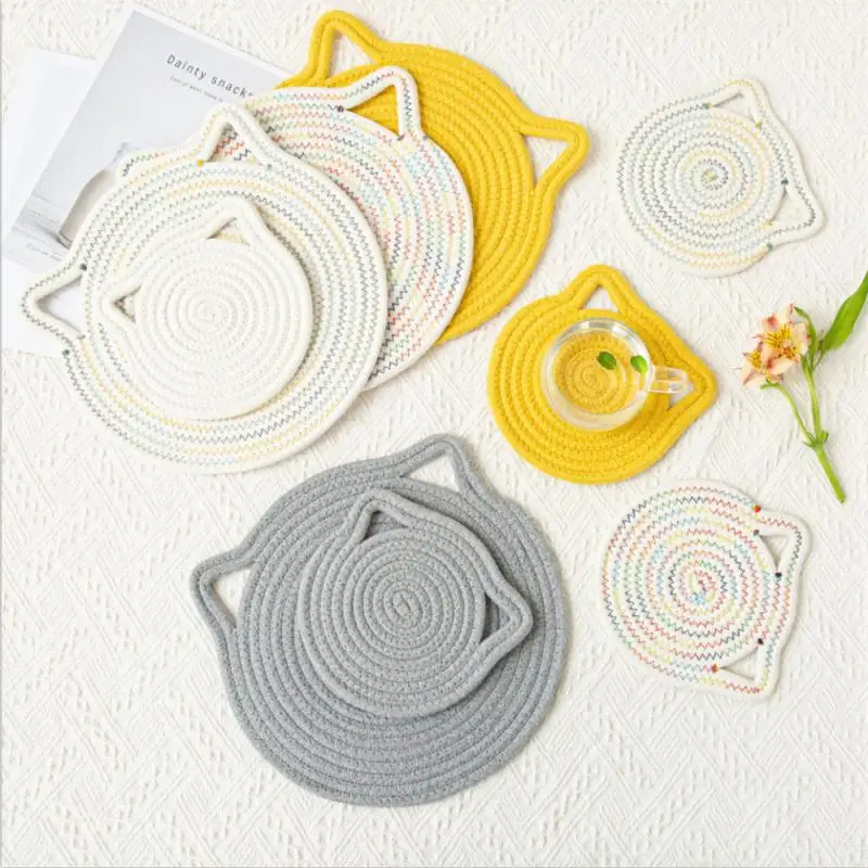 

Hangable Cup Mat Japanese-style Cotton Woven Plate Pad Creative Dining Table Pad Household Heat Resistant Dining Mat Cat Ears