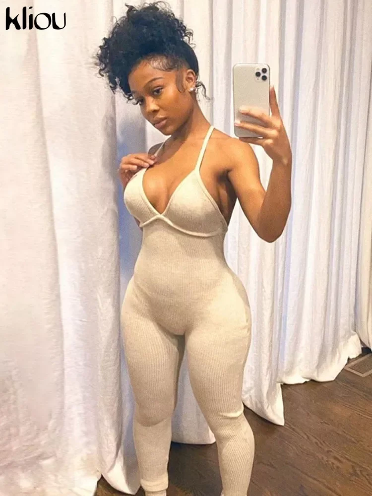 

Kliou v-neck skinny sexy jumpsuit women summer hollow out partywear halter sleeveless streetwear outfit fitness backless