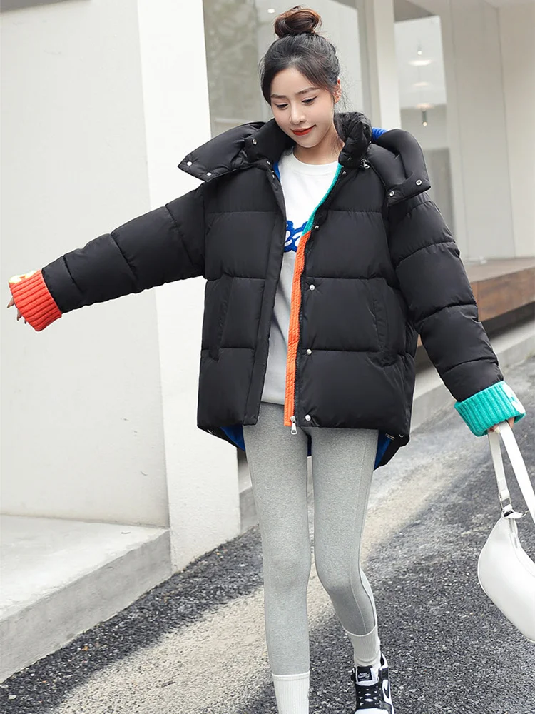 

Куртка женская зимняя на хлопковом наполнителе, Повседневная Свободная утепленная парка с капюшоном, черное пальто оверсайз с хлопковой подкладкой