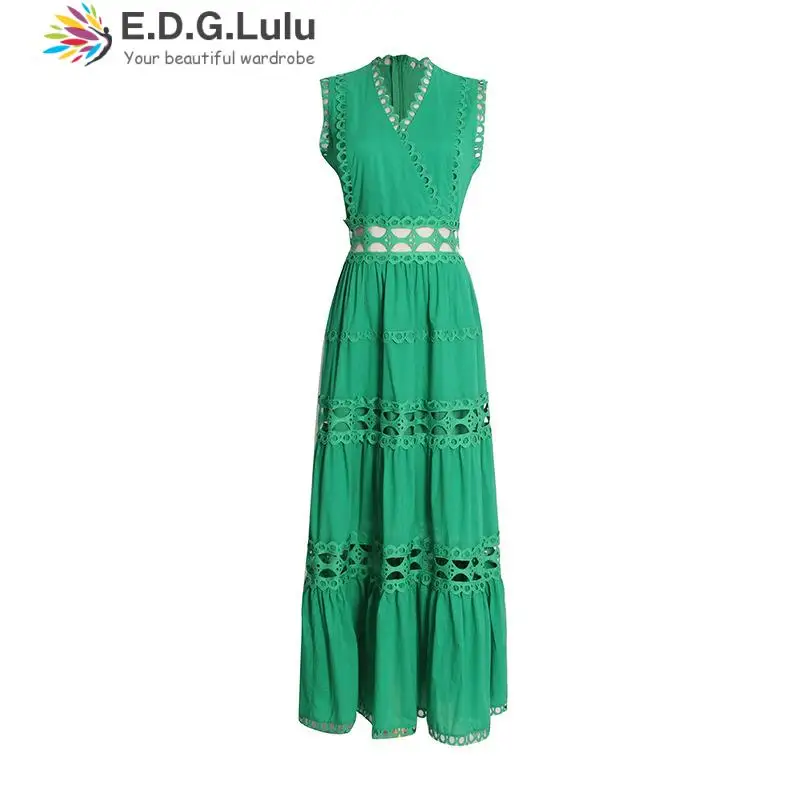 

EDGLuLu Fashion V-neck Sleeveless Elegant Birthday Dress For Women High Waist Hollow Lace Patchwork White Green Maxi Dress 0621