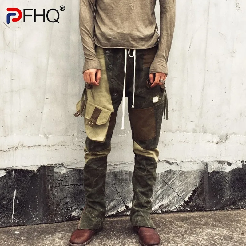 

PFHQ 2023 Designer Splicing Retro Patched Casual Pants Wornout High Quality Trendy Slim Fit Many Pocket Cargo Trousers Elegant