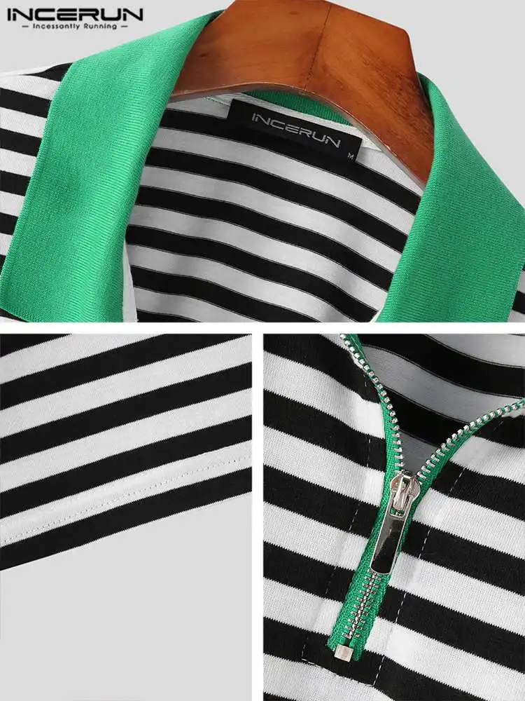 Casual All-match Tops INCERUN Korean Style New Men Knitted Striped Contrast Collar Blouse Stylish Male Short Sleeve Shirts S-5XL