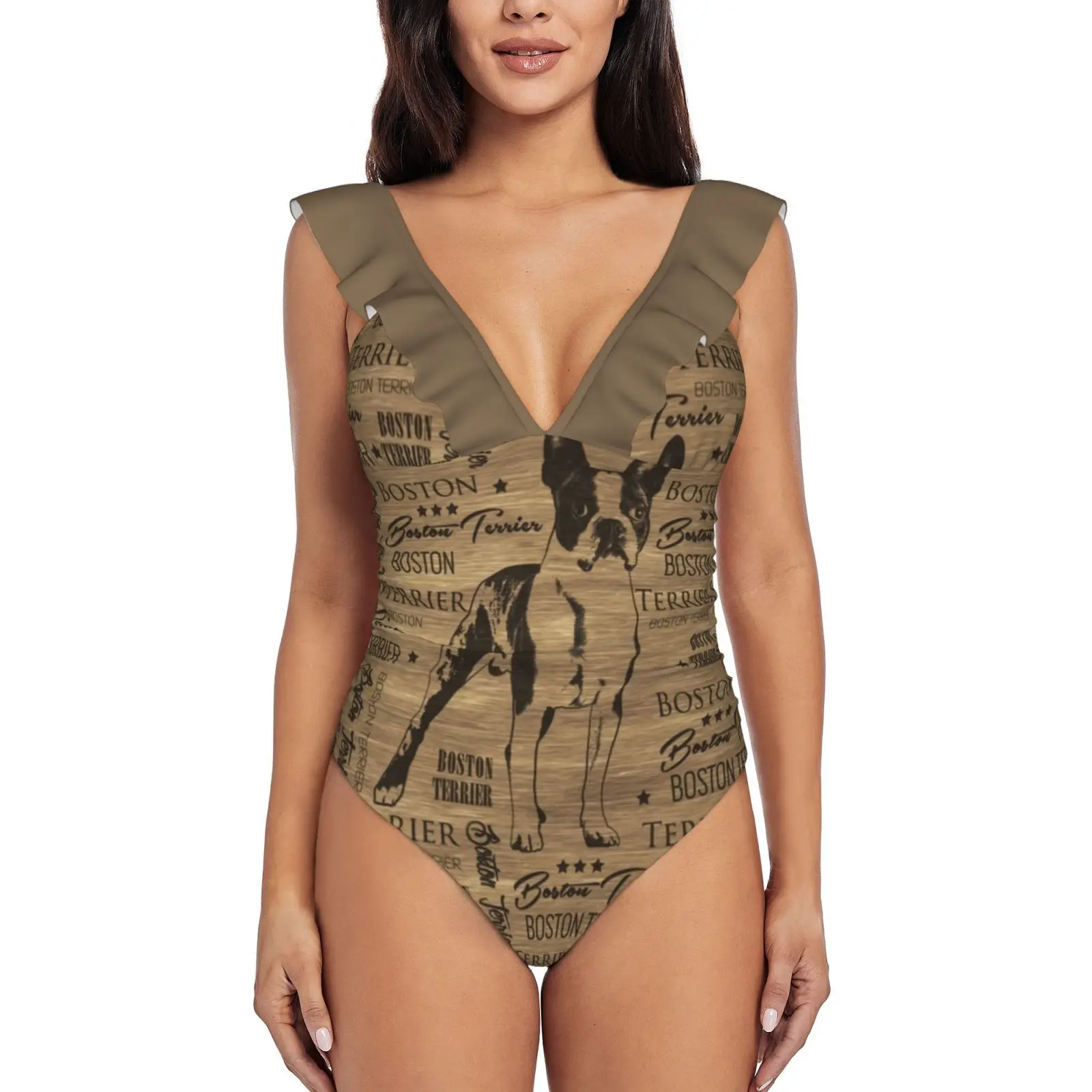 

Boston Terrier Dog Sexy One Piece Swimsuit Women Swimwear Monokini Ruffle Bathing Suit Beach Wear Bostons Boston Terrier Boston