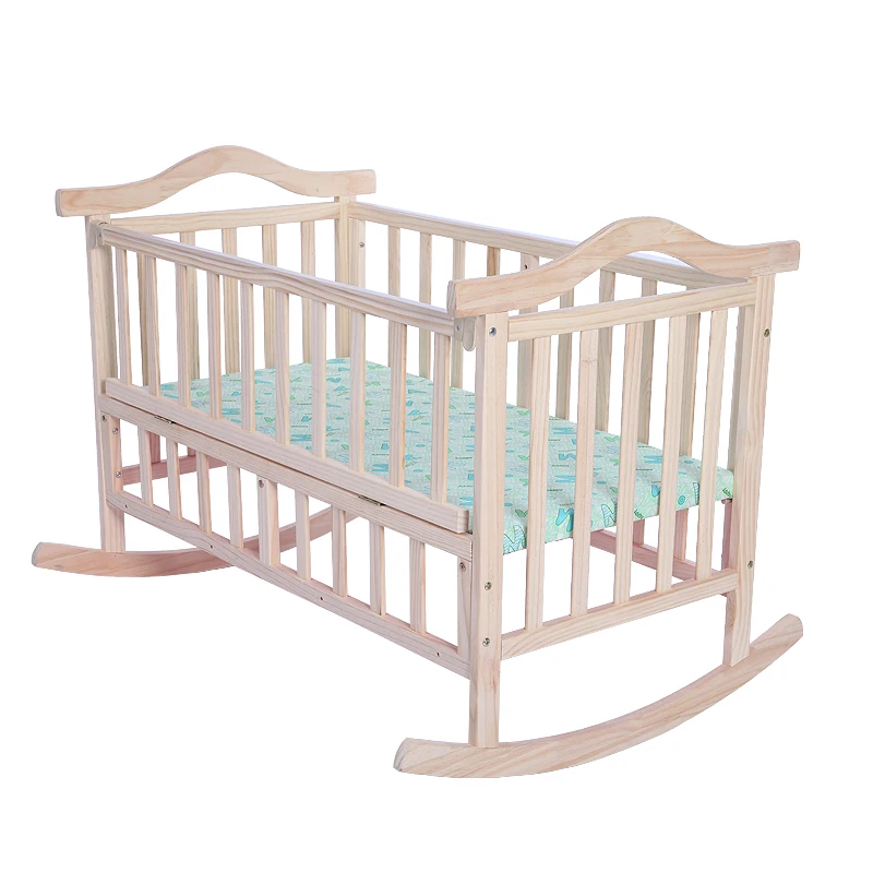 120cm Pine Wood Newborn Baby Bed, No Paint Nature Infant Bassinet Rocking Cradle With Free Mosquito Net