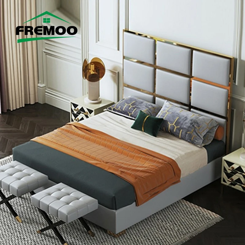 

Light Luxury Leather Double Bed Modern Minimalist 1.8m Master Bedroom Wedding Bed Stainless Steel Frame Cama Luxo Casal
