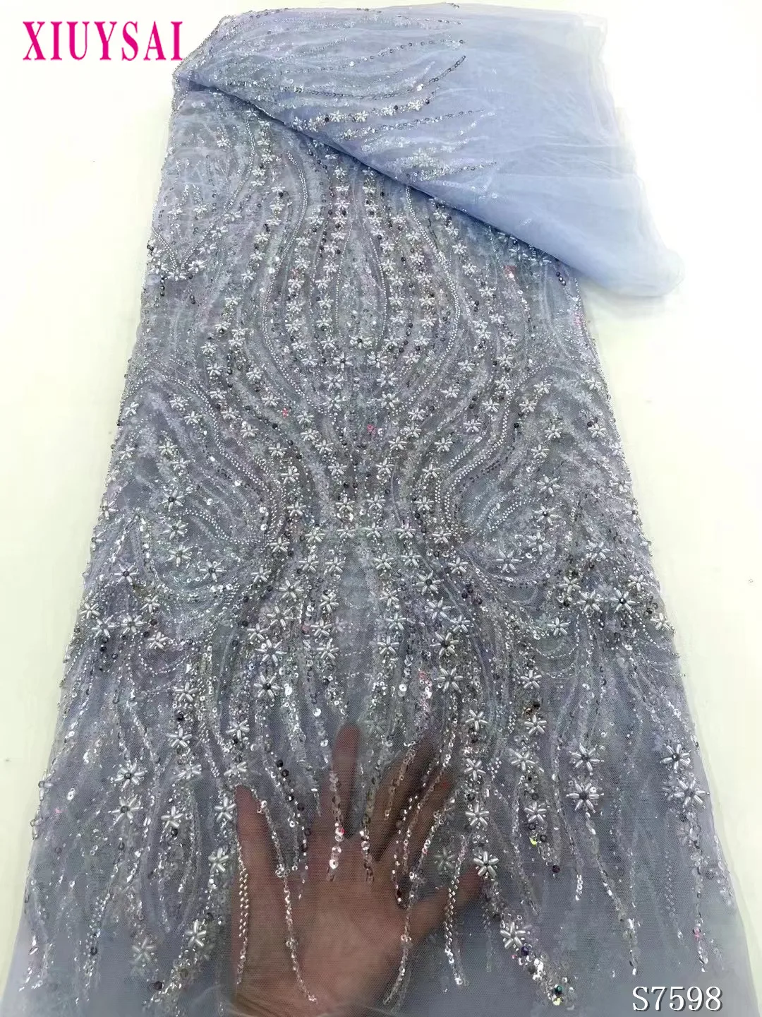 

Африканская сетчатая ткань с вышивкой и блестками для женщин, швейные вечерние платья, синяя роскошная кружевная ткань с бисером Дубая, 5 ярдов метров