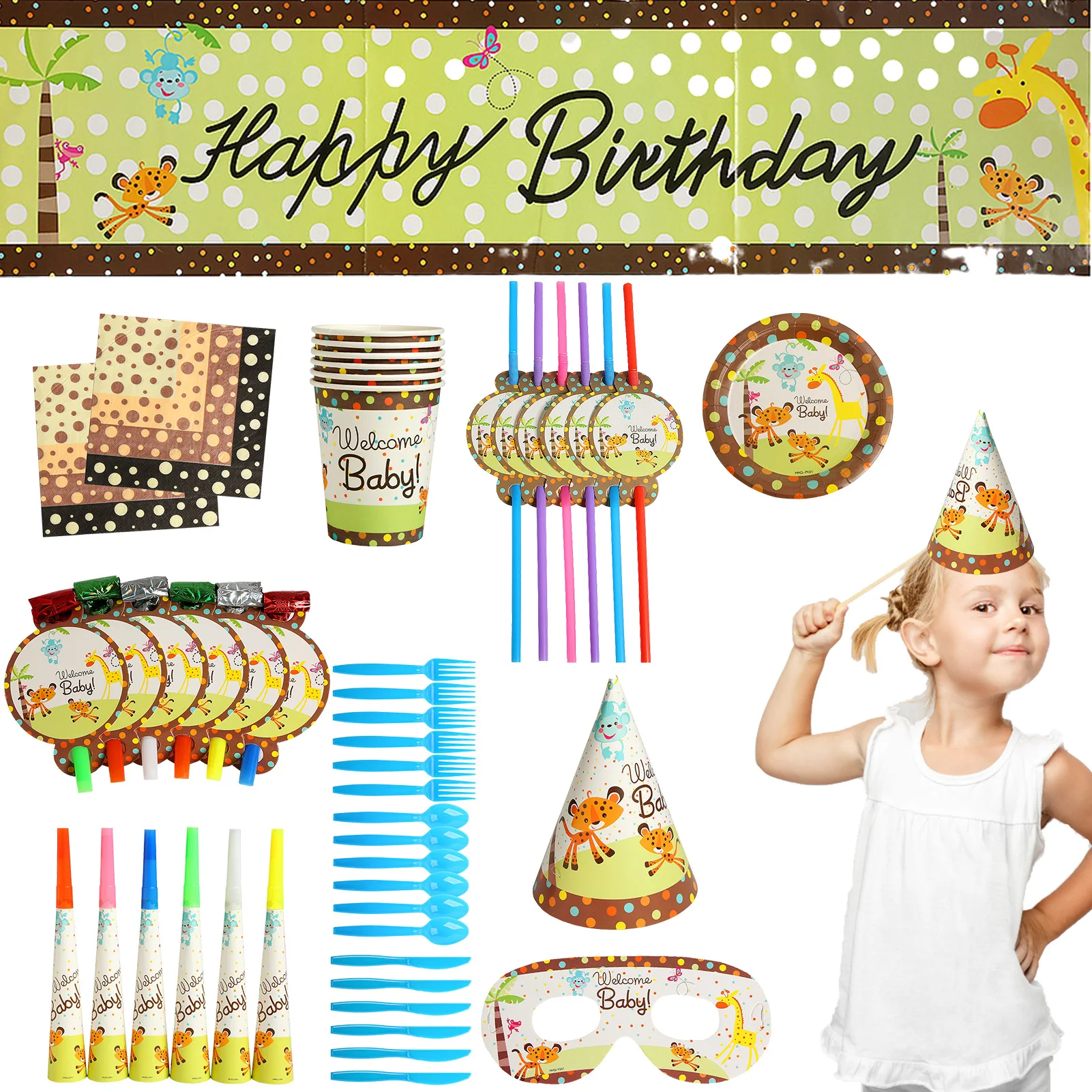 

71pcs Animals Themed Birthday Party Tableware Baby Shower Decorations Banner Paper Plates Cups Napkins Table Cloth Knives Forks
