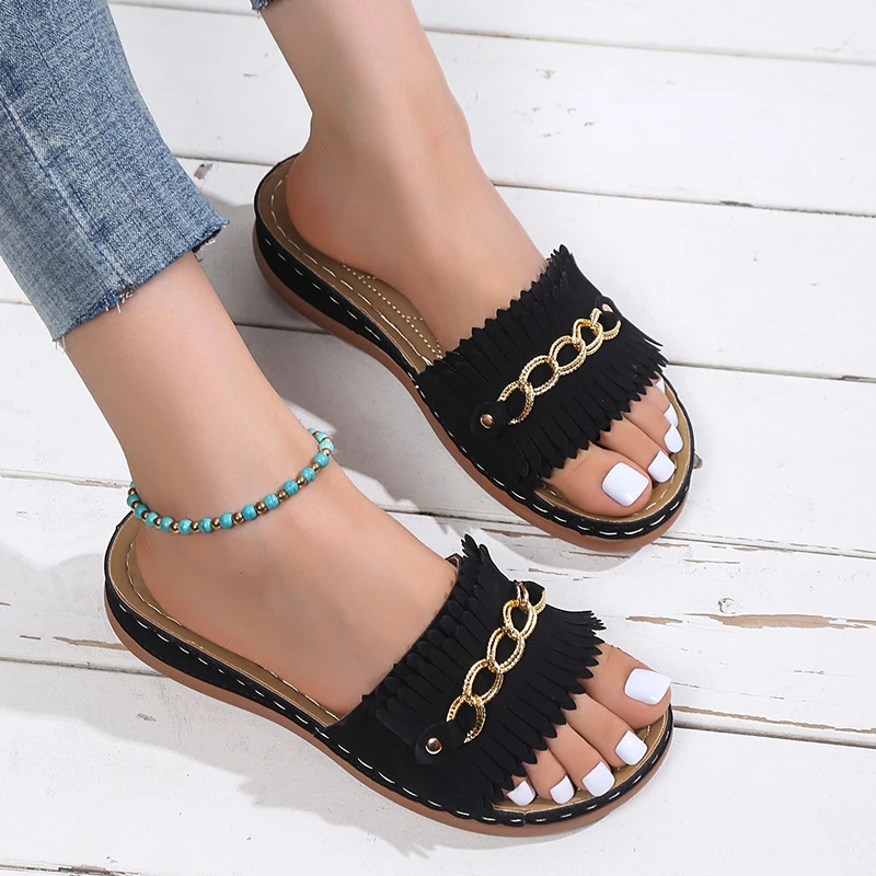 

Wedges Women Slipper Rome Chain Mid Heels Flip Flop 2022 Summer New Beach Platform Women Sandal Plus Size 43 Women Shoes Slides
