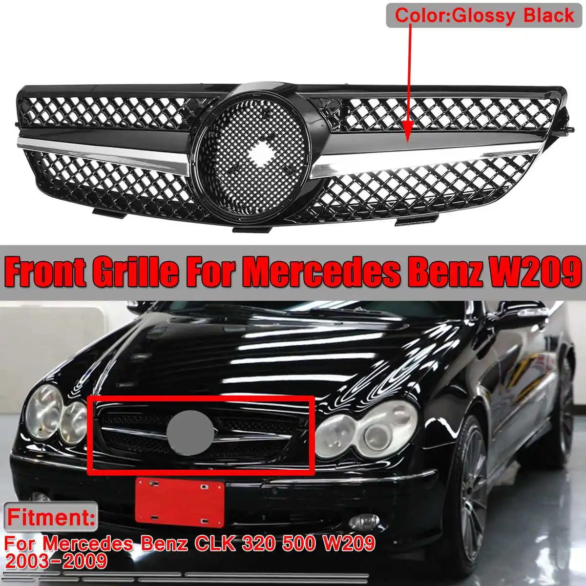 

New Black W209 Car Front Bumper Grille Grill For Mercedes For Benz CLK Class 320 500 W209 2003 2004 2005-2009 Racing Grills