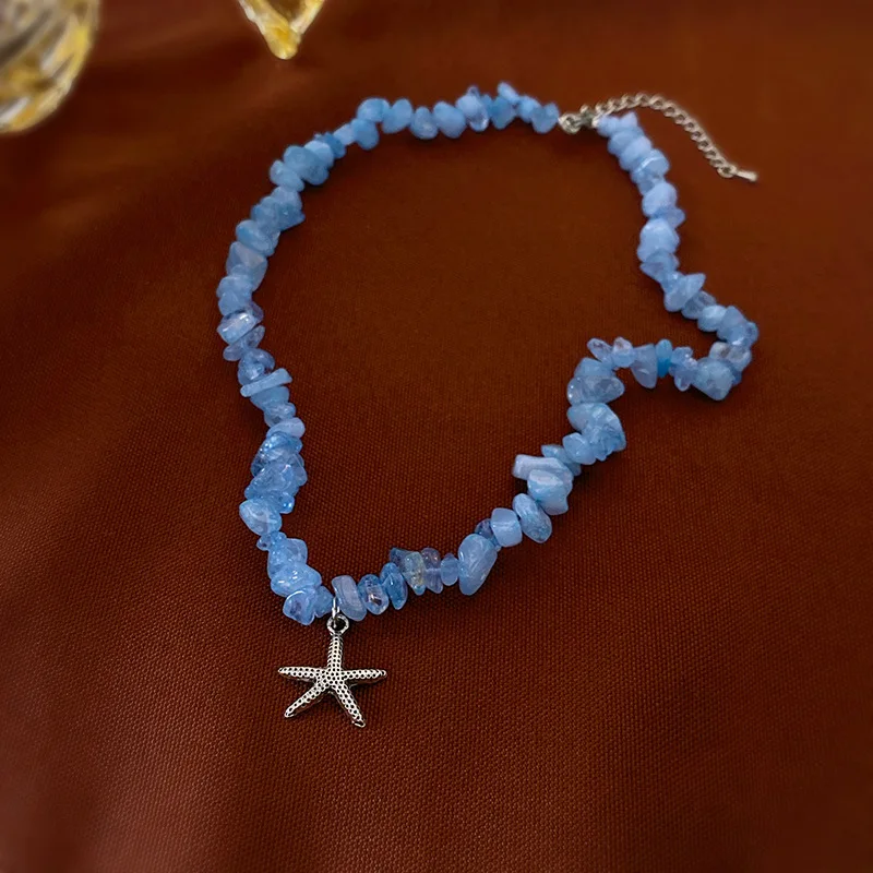 

Blue Irregular Crystal Gravel Starfish Necklace Adjustable Clavicle Chain