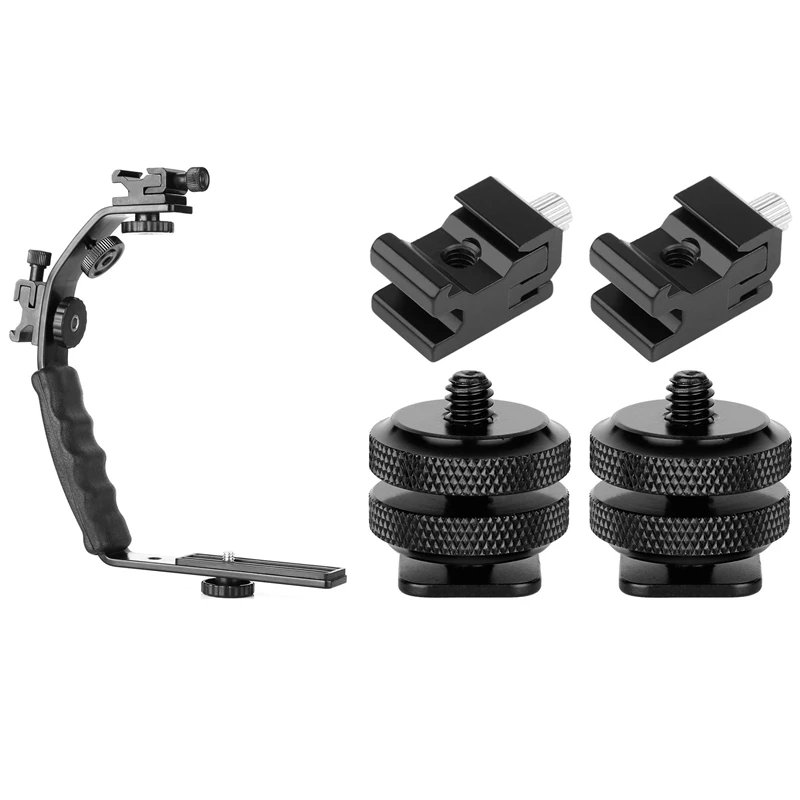 

1X Camera L Bracket Mount Video Grip L-Bracket Dual Flash Cold Shoe & 4Pack Camera Combo Pack Hot Shoe Adapter Cold Shoe