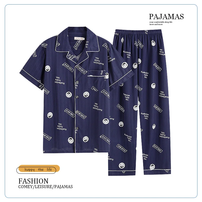 Men's Pajamas Summer Short Sleeve Pants Cardigan Pajamas Loose Large Home Clothes Two-piece Suit