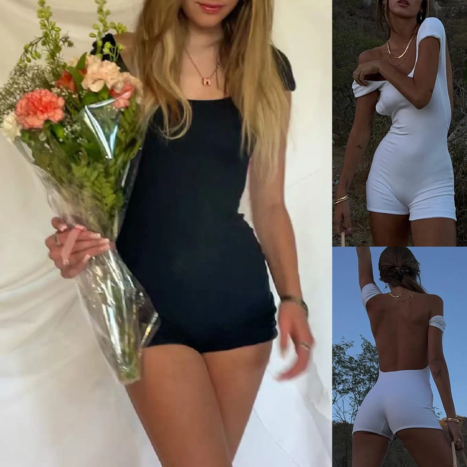 

2022 Summer Backless Playsuit Sexy Women Black Cut Out Short Sleeve Y2k Romper Casual White Beach Jumpsuit Bodycon Fashion