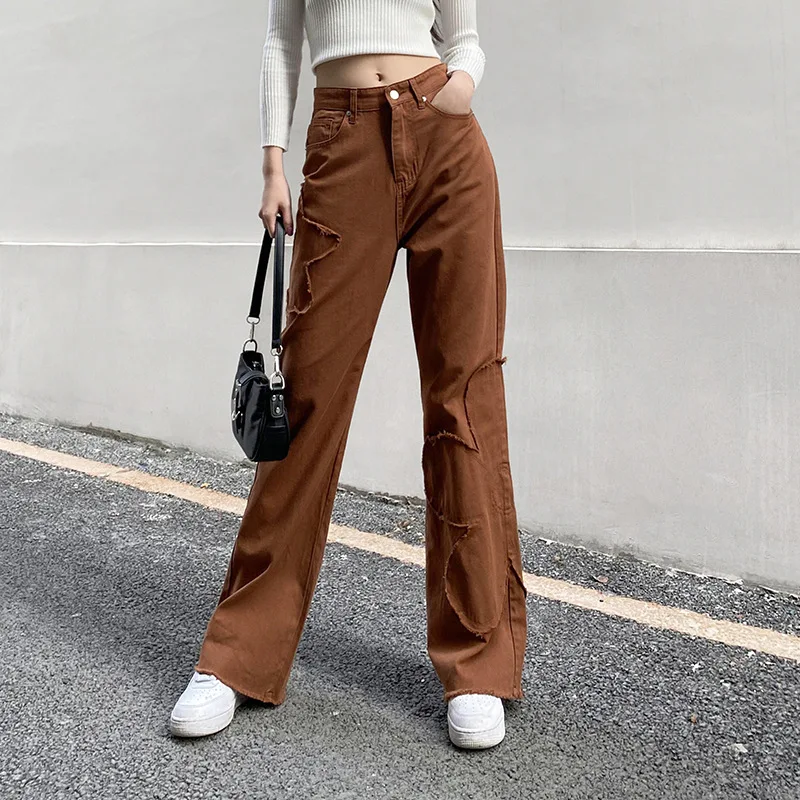 

Fashion Patchwork Women Jeans Brown Y2K High Waist Cotton Denim Pants Streetwear Baggy Cargo Wide Leg Jeans 90s Trousers